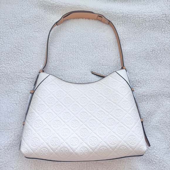 Tory Burch T Monogram Pebble Leather Embossed Messenger Bag - White NWOT - Picture 2 of 10